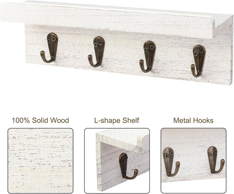 HRONRAD Rustic Key Holder for Wall, Farmhouse Wall Shelf with 4 Hooks, Wall Mounted Key Racks, Wooden Mail Organizer with Hooks for Entryway (White) - Image 4